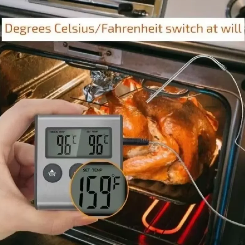 Digitales Küchenthermometer für Fleisch und Lebensmittel, Temperatur für Backofen, Grill, Timer-Funktion mit Sonde, Wärmemessgerät zum Kochen
