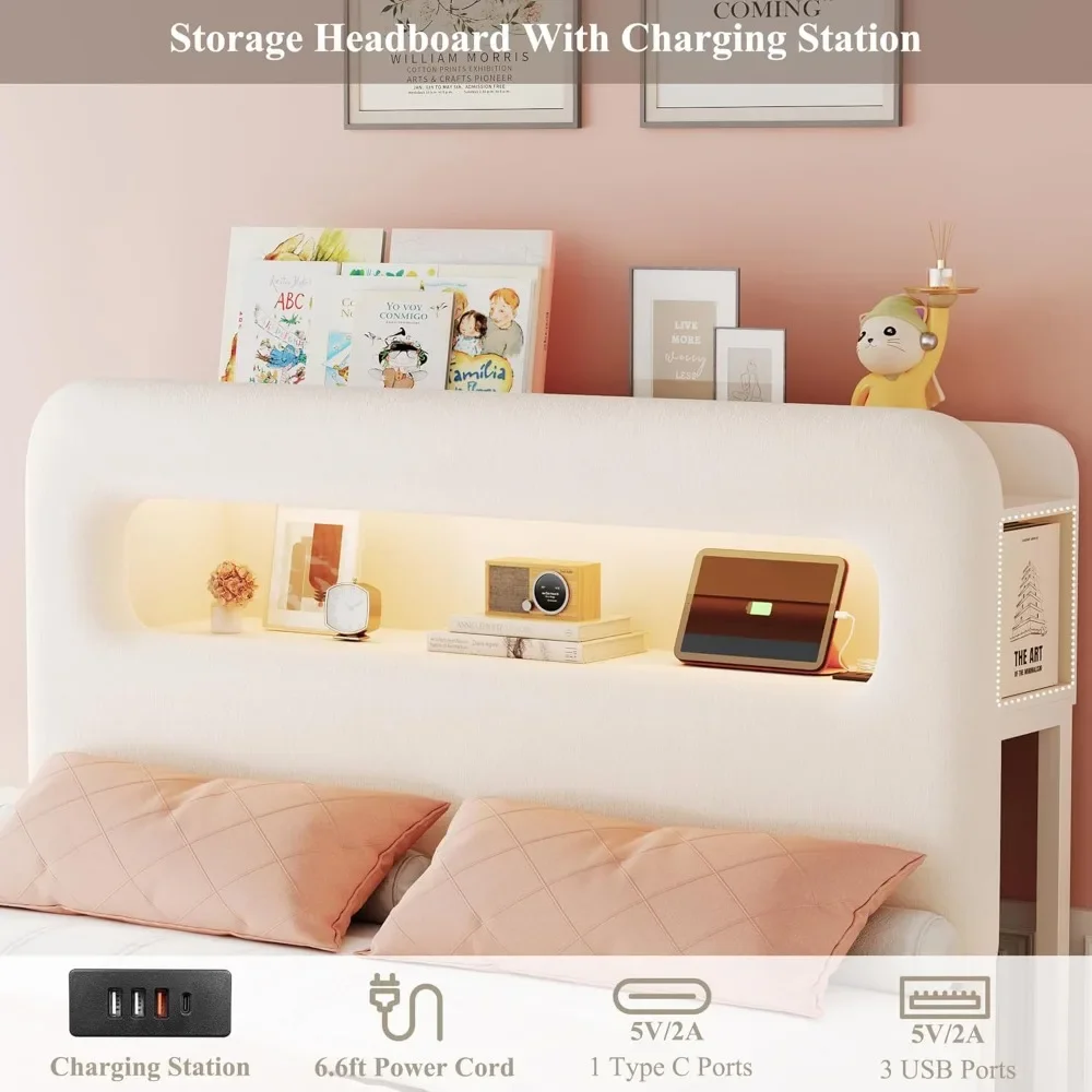 Twin LED Bed Frame with Storage Headboard and Charging Station, Kids Bed Frame, Upholstered Platform Bed Frame with Bookcase