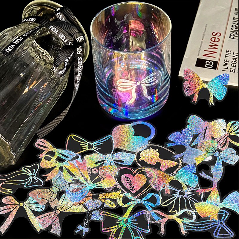 100pcs Magic PET Laser Flash Stickers  World Butterfly Blooming Camellia Flowers Creative Retro Transparent Waterproof Stickers