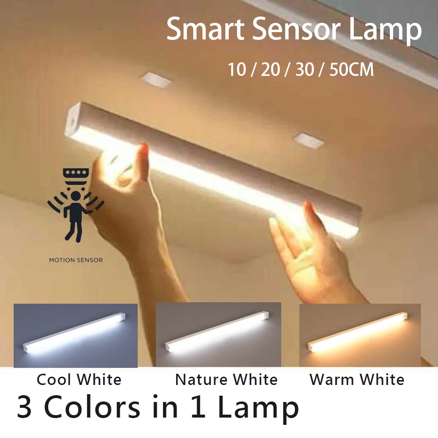 Barra de luz LED con Sensor de movimiento recargable por USB, luz nocturna de inducción, lámpara magnética inalámbrica portátil para armario para cocina