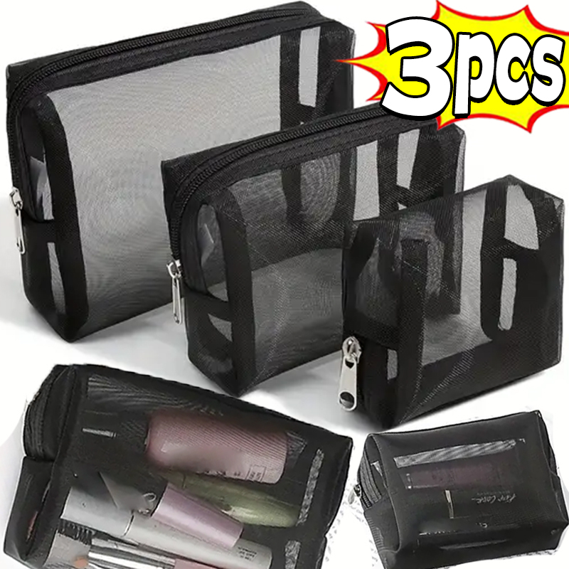 Bolsa de cosméticos de malla para mujer, bolsa de almacenamiento de viaje para maquillaje, organizador, bolsa de maquillaje para mujer, estuche de belleza portátil pequeño y grande