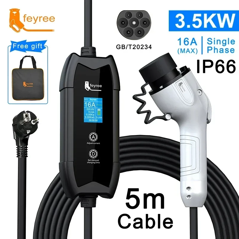 Feyree EV 充電器タイプ 2 16A 3.5kW GBT 電気自動車 5 メートル充電ケーブル J1772 タイプ 1 ウォールボックス電気自動車車用