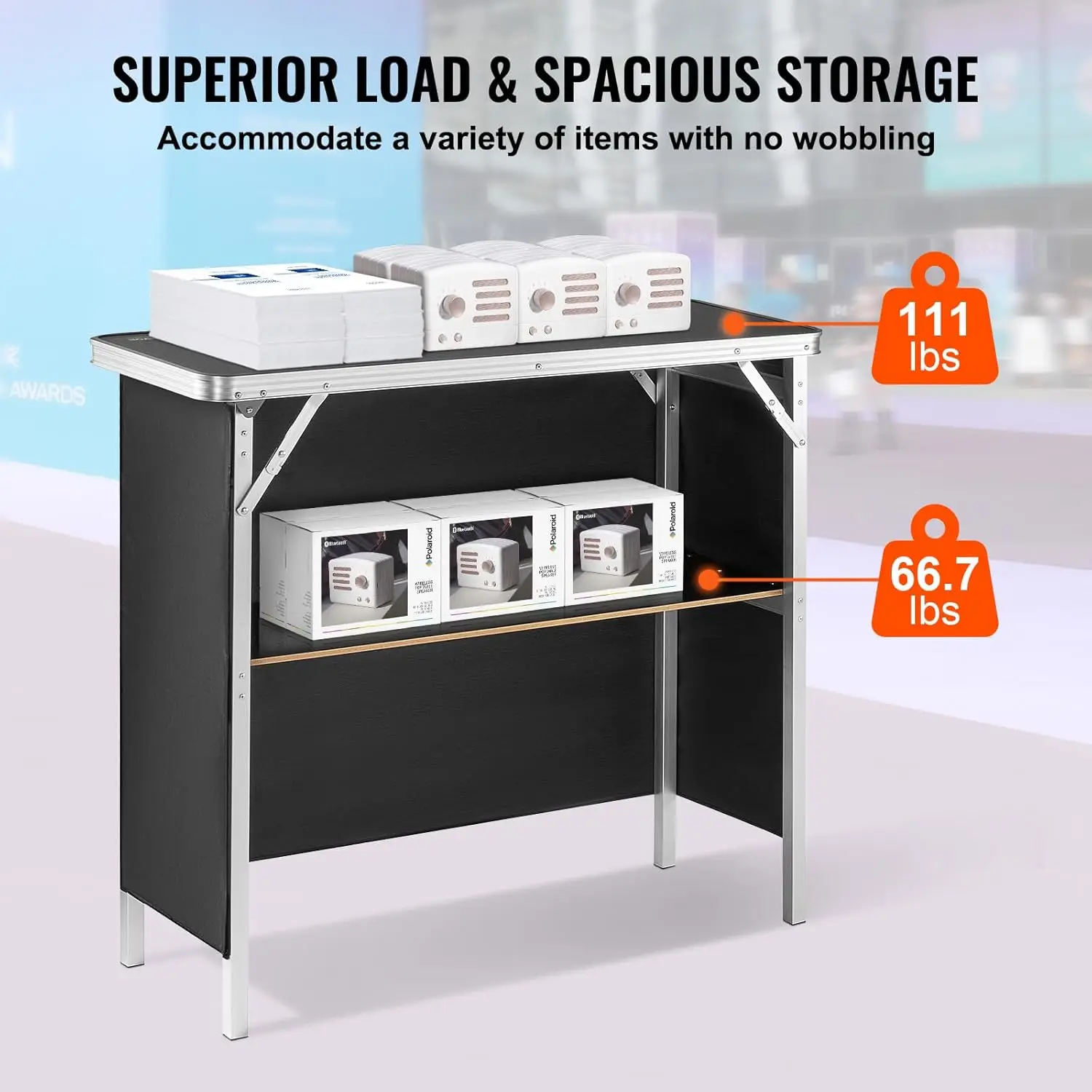 Folding Portable Bar Table, Tradeshow Podium Table, Includes Carrying Case, Storage Shelf and Black Skirt