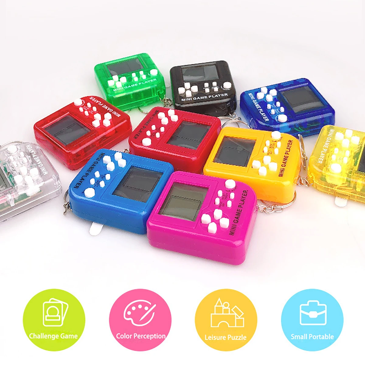 เครื่องเล่นเกมมือถือขนาดเล็กเครื่องเล่นเกมแบบพกพาเครื่องเล่นเกมแบบพกพา26เกมในตัวสำหรับพวงกุญแจห่วงโซ่ของขวัญสำหรับเด็ก
