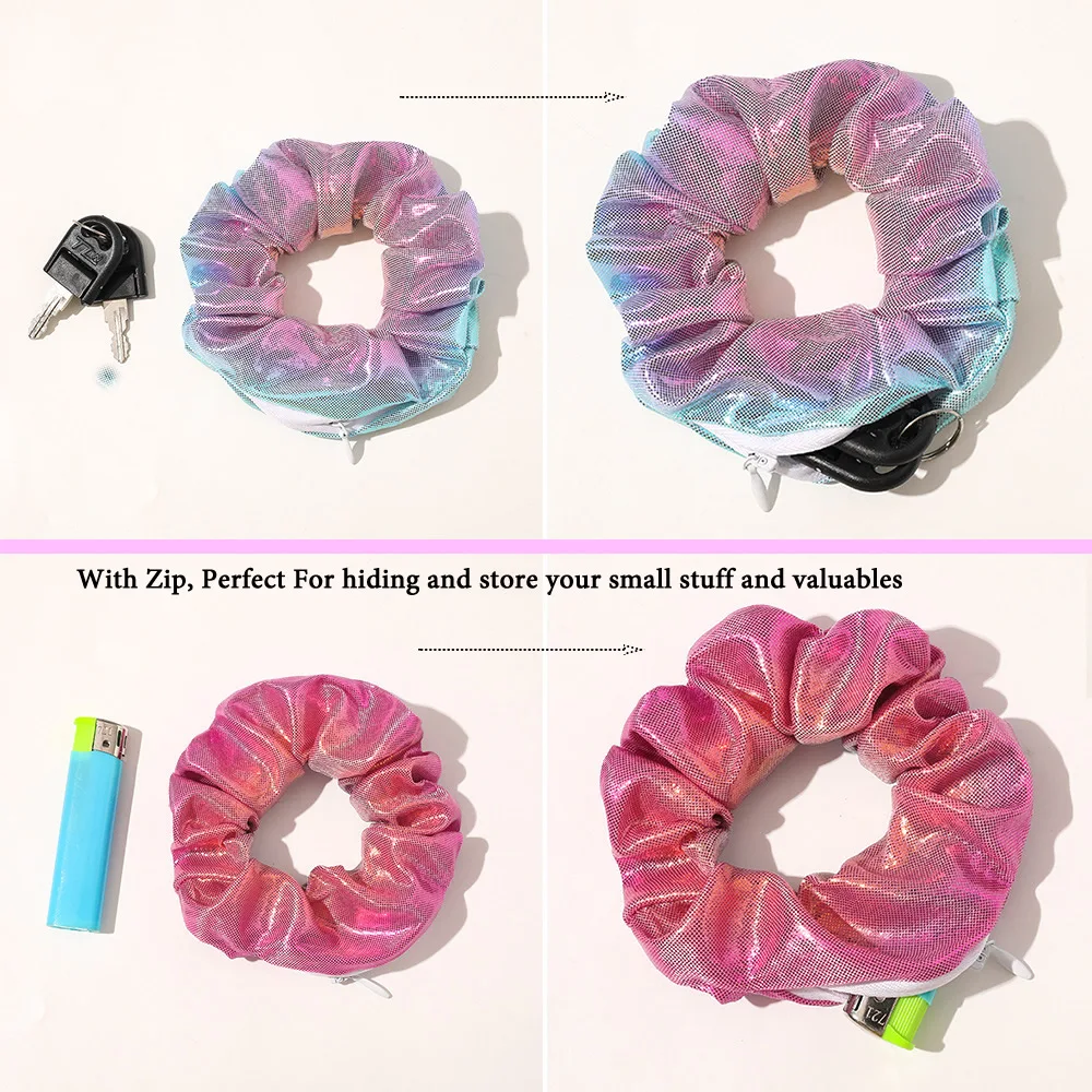 Compartimento De Armazenamento Escondido com Zip Stash, Saco De Viagem De Bolso, Pano De Laser, Arco-íris Cabelo Scrunchie, Visão Segredo Do Cabelo Gravata