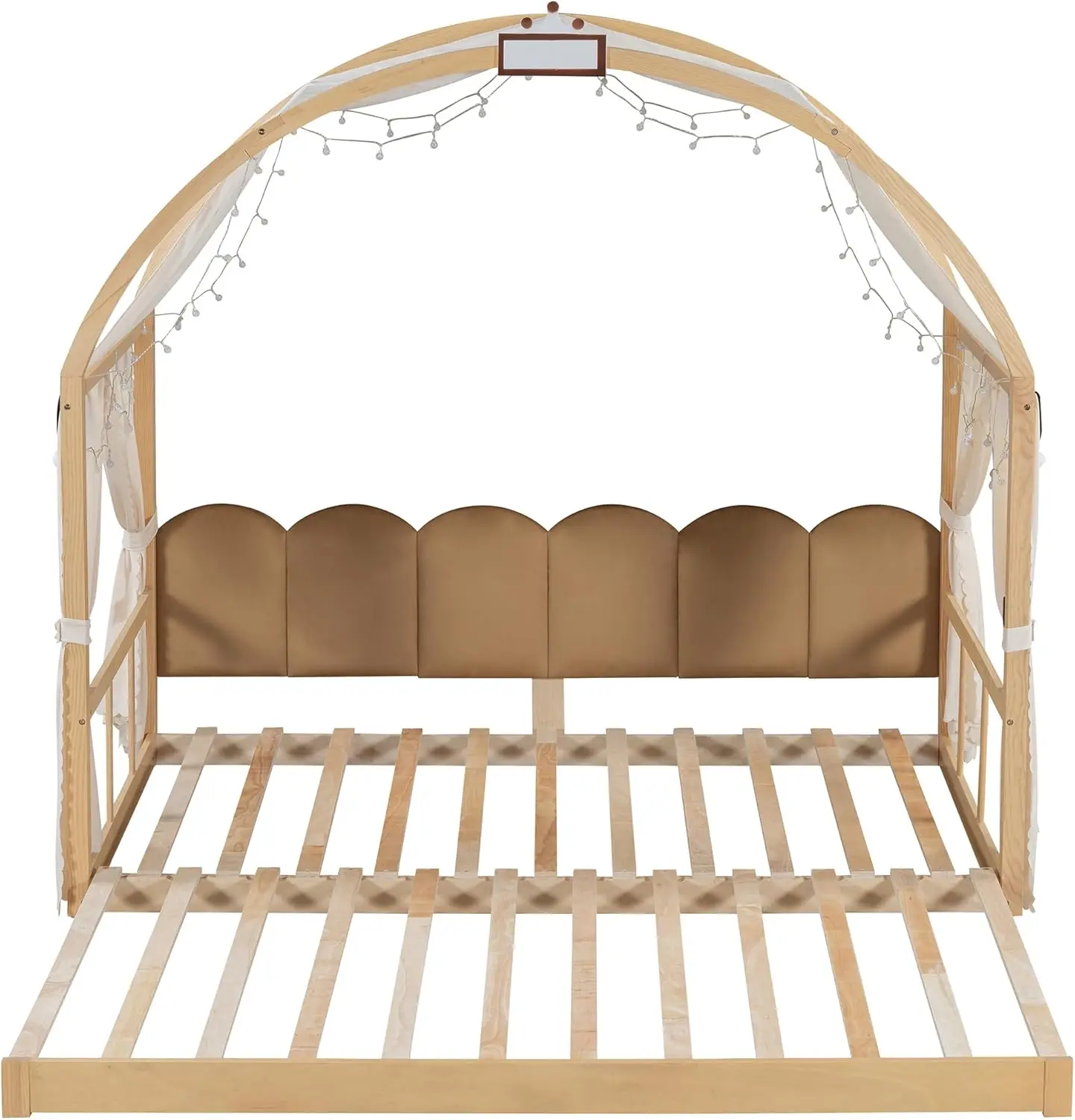 Floor Bed with Light and Curtain Twin to 2 Twin, Wood House Montessori Bed Frame with Arched Roof and Trundle, Extending Kids