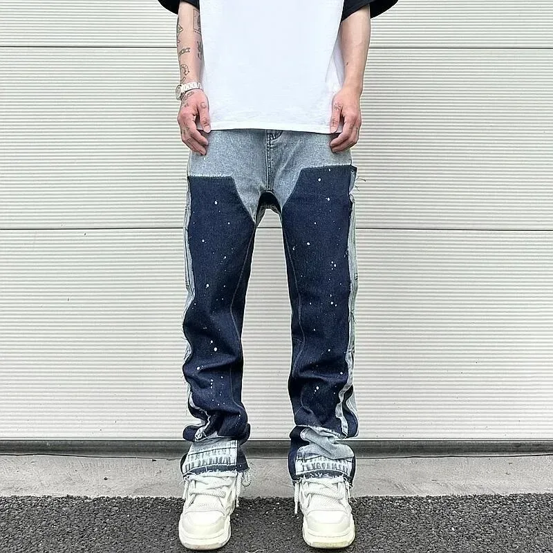 ストリートパンツ、ストレートレッグパンツ、レトロなスプライスシップパンツ、トレンディなデニム、ヨーロッパとアメリカの2024でパーソナライズされたウォッシュドジーンズ