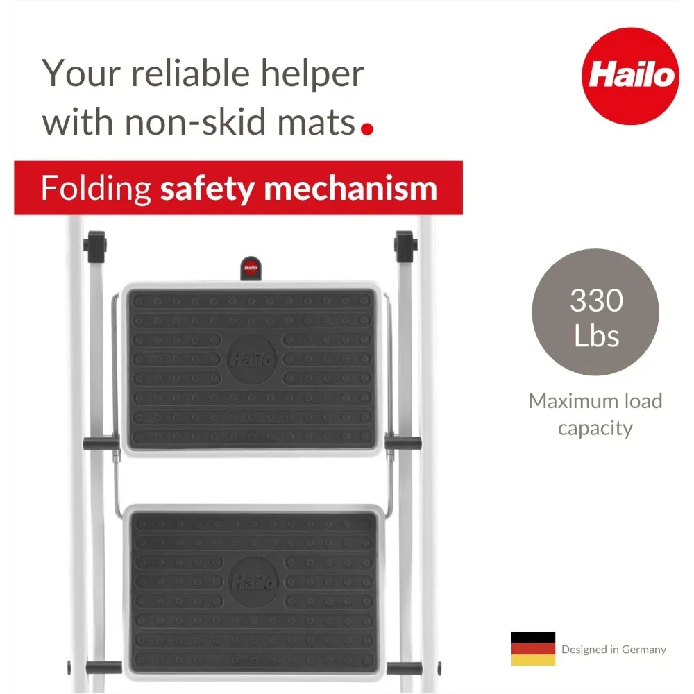 Safety Plus | Steel Folding Stepladder Two Large Steps with Non-Skid mats | High Curved Safety bar and Storage Tray