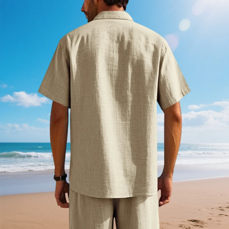 Camicia da uomo a maniche corte in cotone e lino, tinta unita estiva, colletto rialzato, stile casual da spiaggia, taglie forti S-5XL