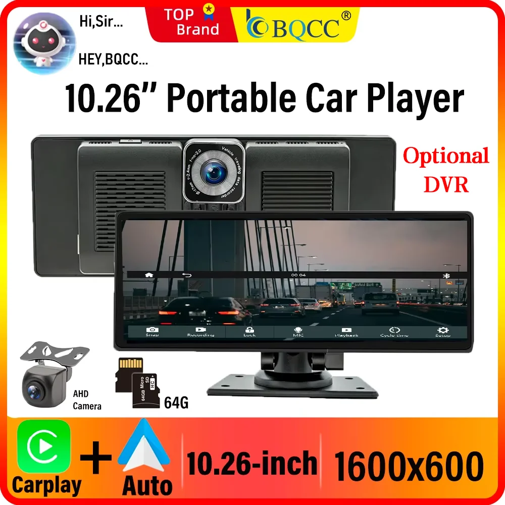 BQCC 10,26-дюймовый портативный беспроводной Carplay экран HD задняя камера заднего вида автомобильный радиоприемник DVR MP5 мультимедийный видеоплеер Android Auto