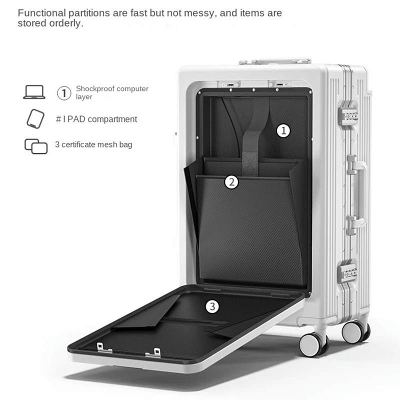 Silbernes breites Trolley-Gepäck mit Frontöffnung, multifunktionaler USB-Ladeanschluss, 20-Zoll-Boarding-Schließfach, Notebook-Business-Koffer