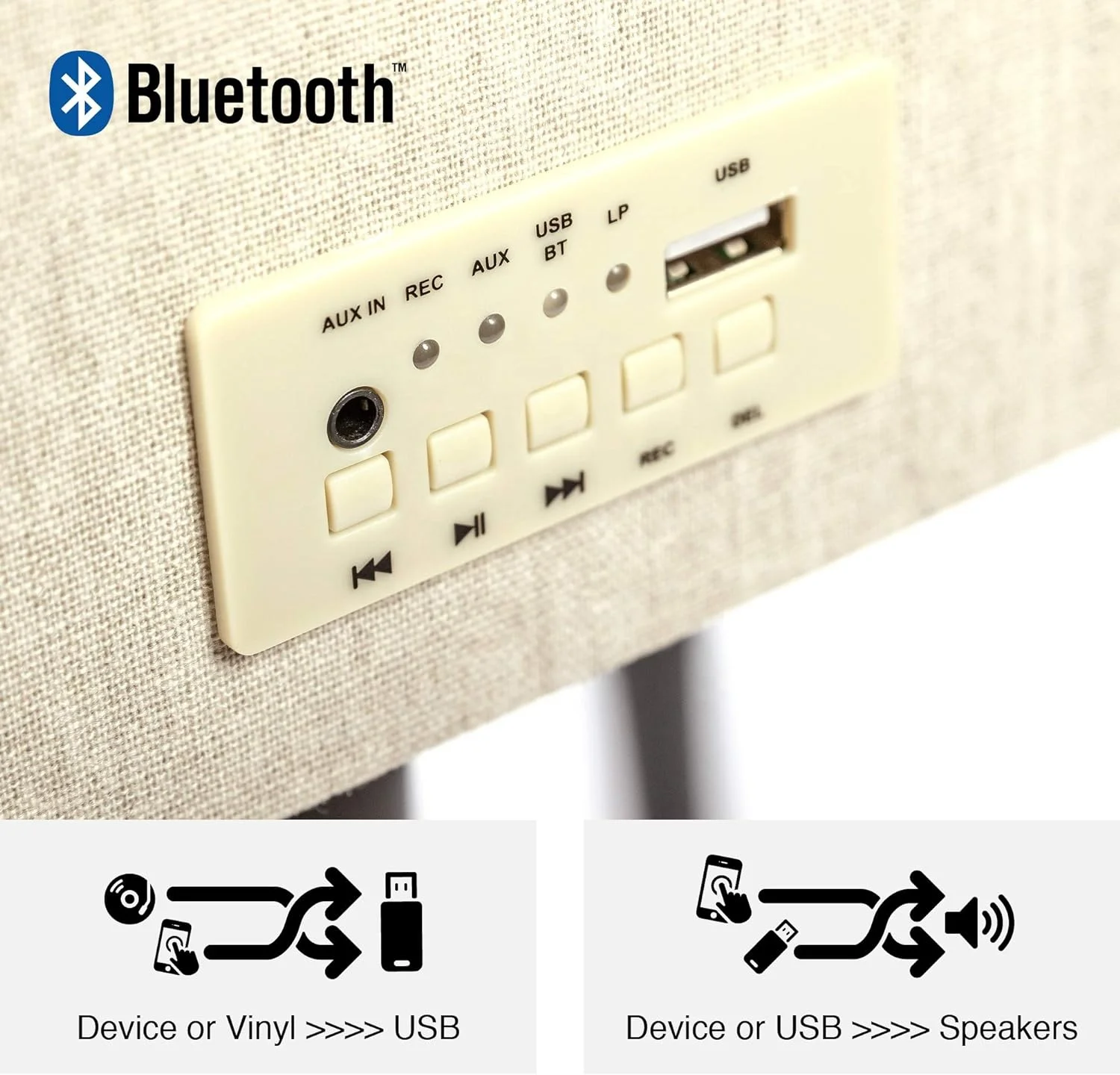 Reproductor de tocadiscos Bluetooth clásico USB con patas extraíbles (gris/crema)