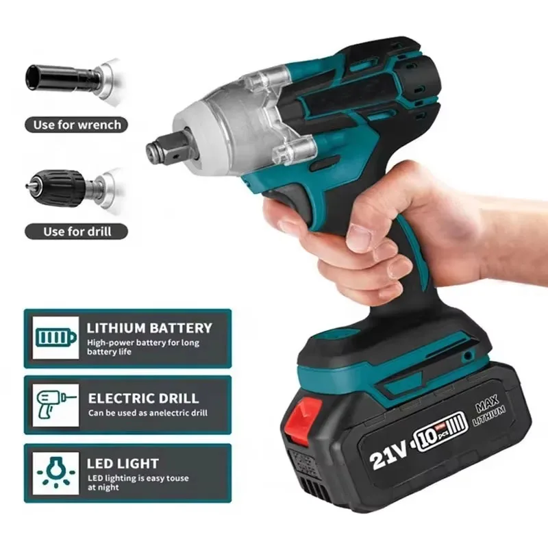 2 In 1 Brushless Cordless Wrench LED Light Adapt To Makita Battery 21V Brushless Electric Impact Wrench 1/2Inch Power Tools