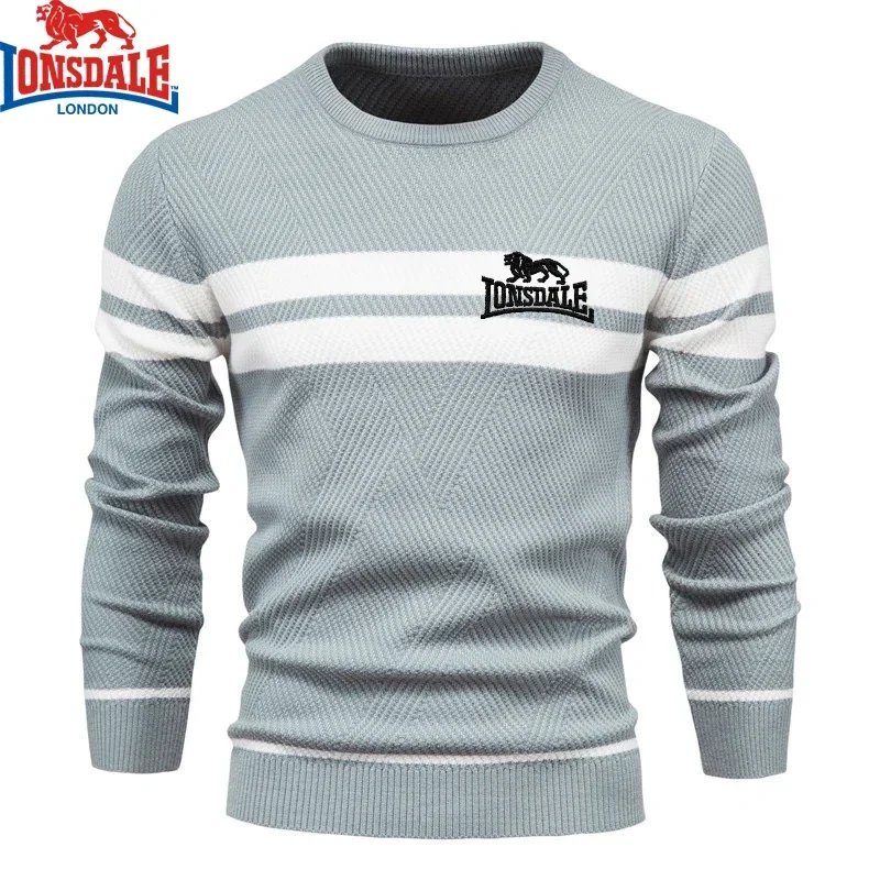 LONSDALE bordado para hombre y niño, suéter a rayas de invierno, jerséis gruesos y cálidos, suéteres cómodos ajustados informales básicos con cuello redondo para hombre