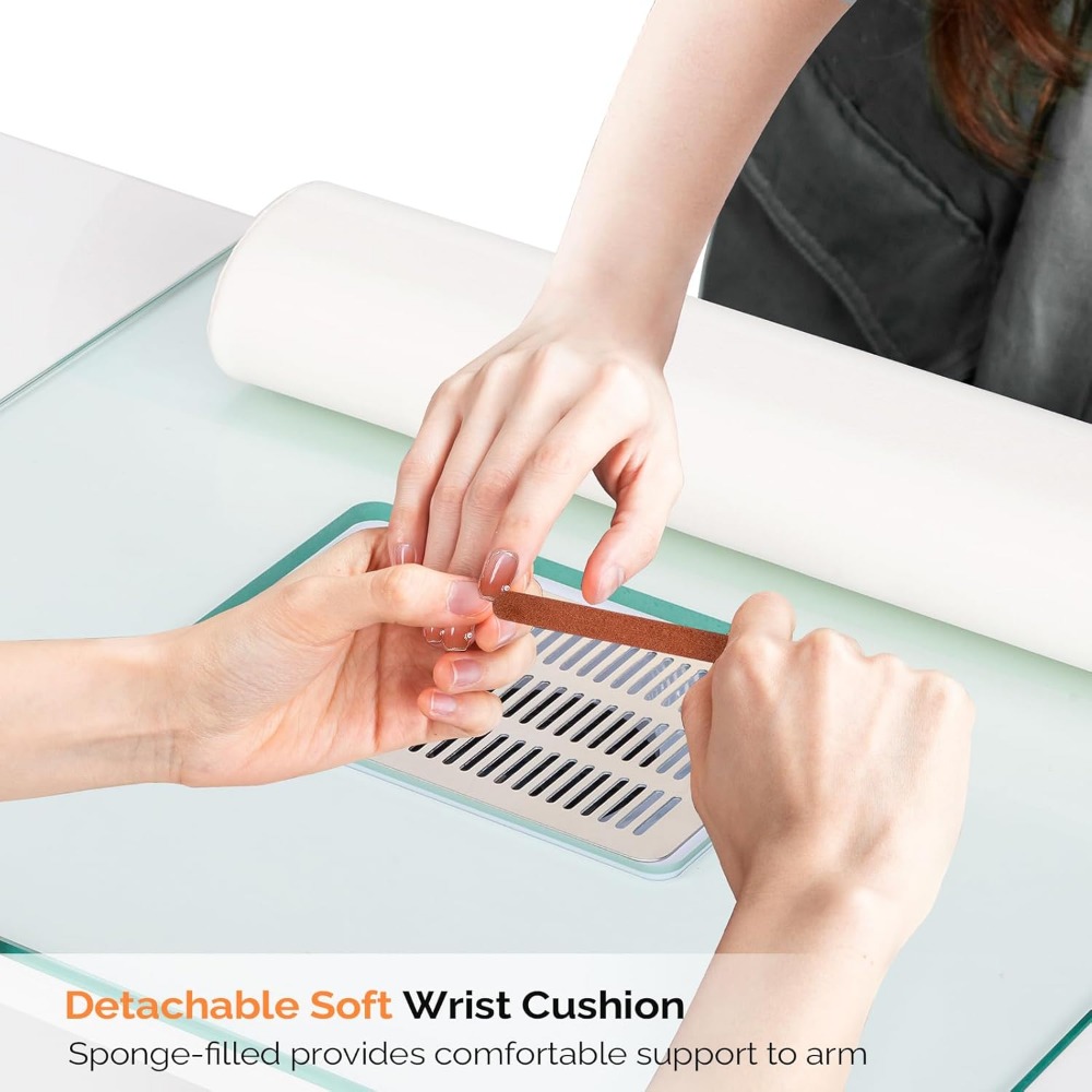 Manicure Table Nail Desk for Nail Tech w/Glass Top & Wrist Rest, Beauty Salon Nails Supplies Decor Workstation Acetone Resistant