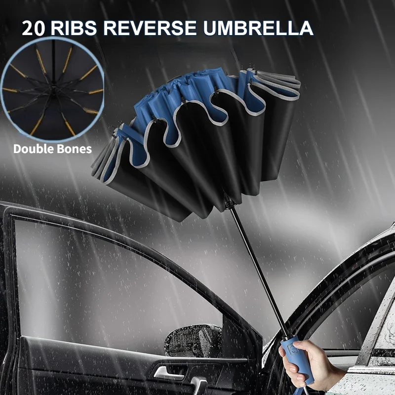 Guarda-chuva dobrável reverso totalmente automático para homens e mulheres com guarda-chuvas UV com listra reflexiva à prova de vento