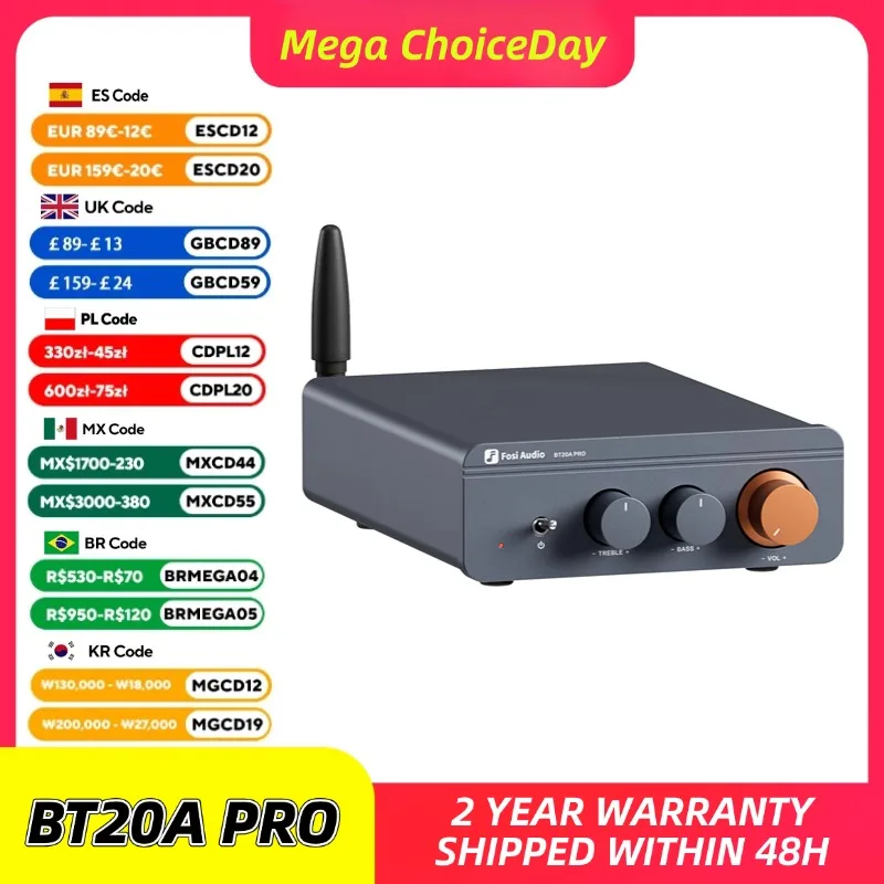 Fosi Audio BT20A Pro TPA3255 amplificador de potencia de sonido Bluetooth 300W x2 Mini estéreo HiFi Clase D Amp graves agudos para cine en casa