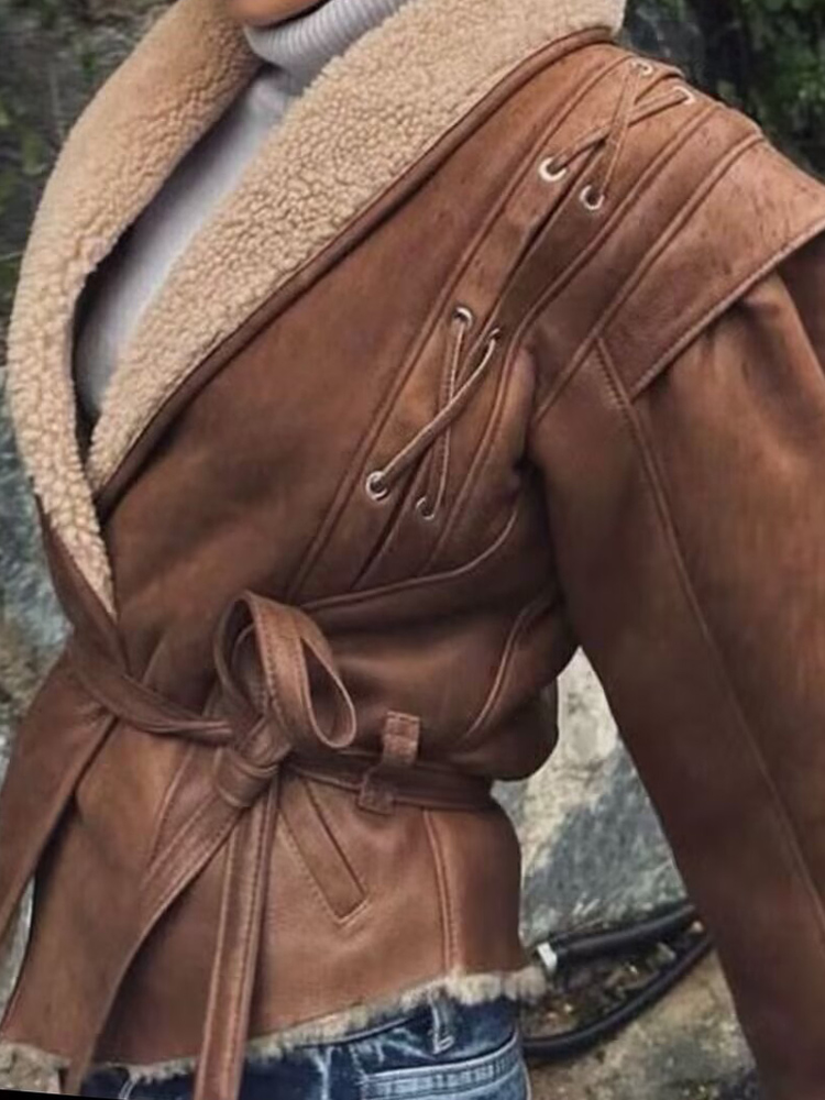 Jaqueta retrô de couro de camurça feminina, casaco com renda com cinto, top curto, roupas estilo europeu e americano, nova moda