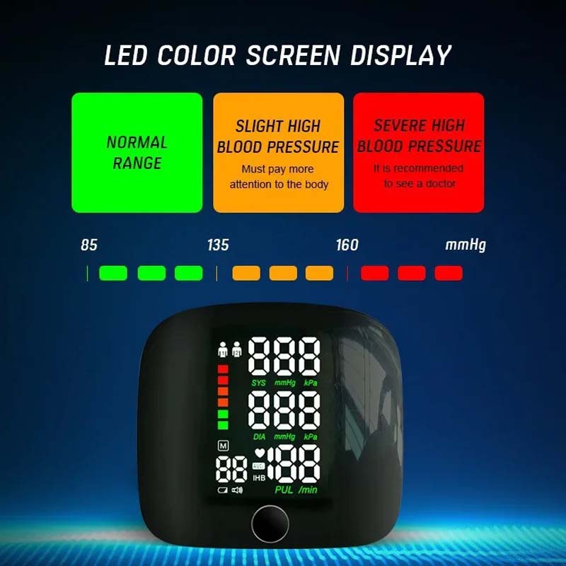 Monitor de Pressão Arterial de Pulso Recarregável LED, Tonômetro de Voz, BP, Inglês, Russo, Português, Espanhol