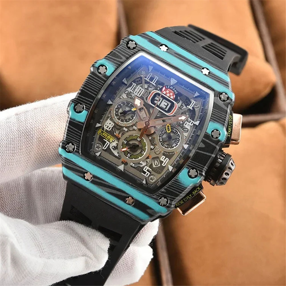 Relógio luxuoso do estilo mecânico para homens, relógio de quartzo impermeável, 6 agulhas, correr segundo, barril do vinho em forma
