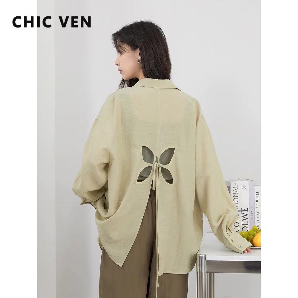CHIC VEN Damskie koszule z długim rękawem Solid Loose Casual New Style Design Back Hollow Out Shirt Female Blouse Spring Summer 2025
