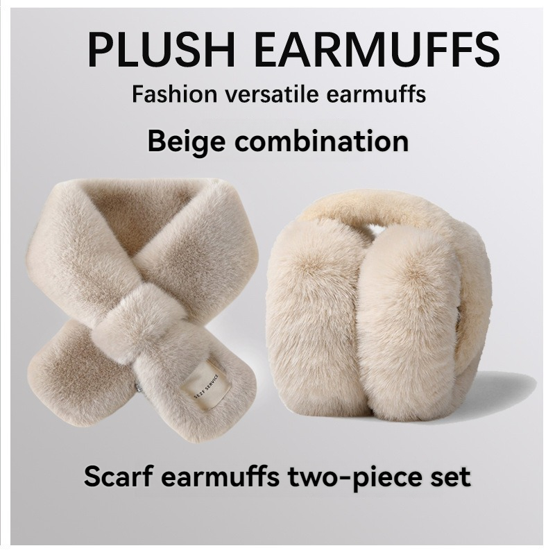 Winter Warm Set Fashionable Fluffy Rabbit Hair Imitation Scarf and Ear Cuffs Two piece Set Neck and Ear Cuffs, Designed Thicker