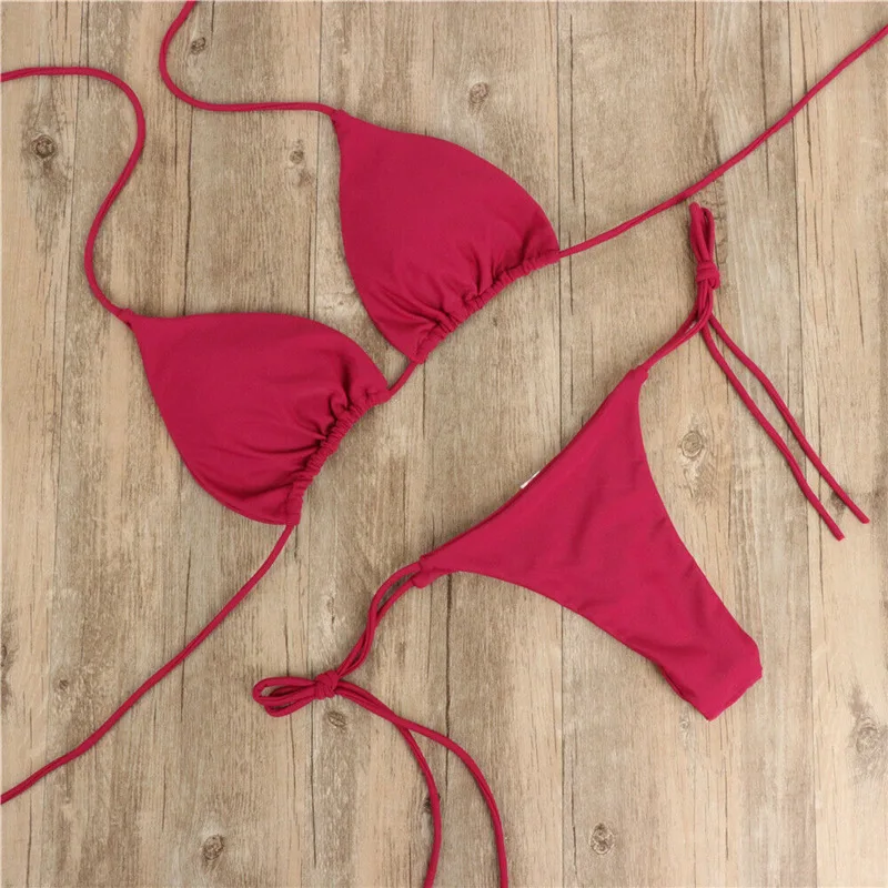 2025 Sexy licou couleur unie Bikini ensemble maillot de bain pour femme deux pièces Triangle string maillots de bain maillot de bain pour plage Biquinis