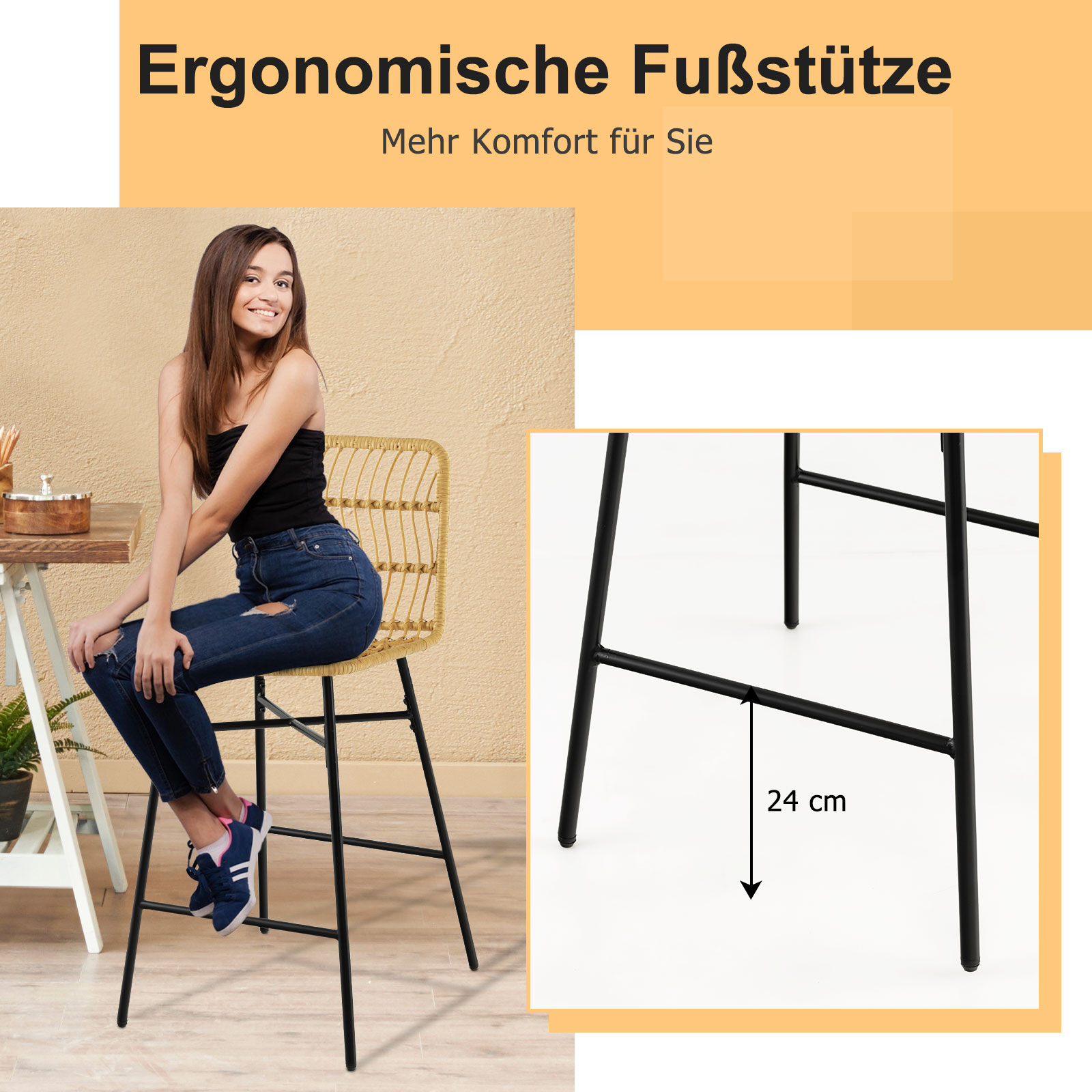 2er Set Barhocker, Barstühle Rattan, Sitzhöhe 69 cm, mit Rückenlehne und Fußstütze, Metallrahmen, Tresenhocker für Esszimmer