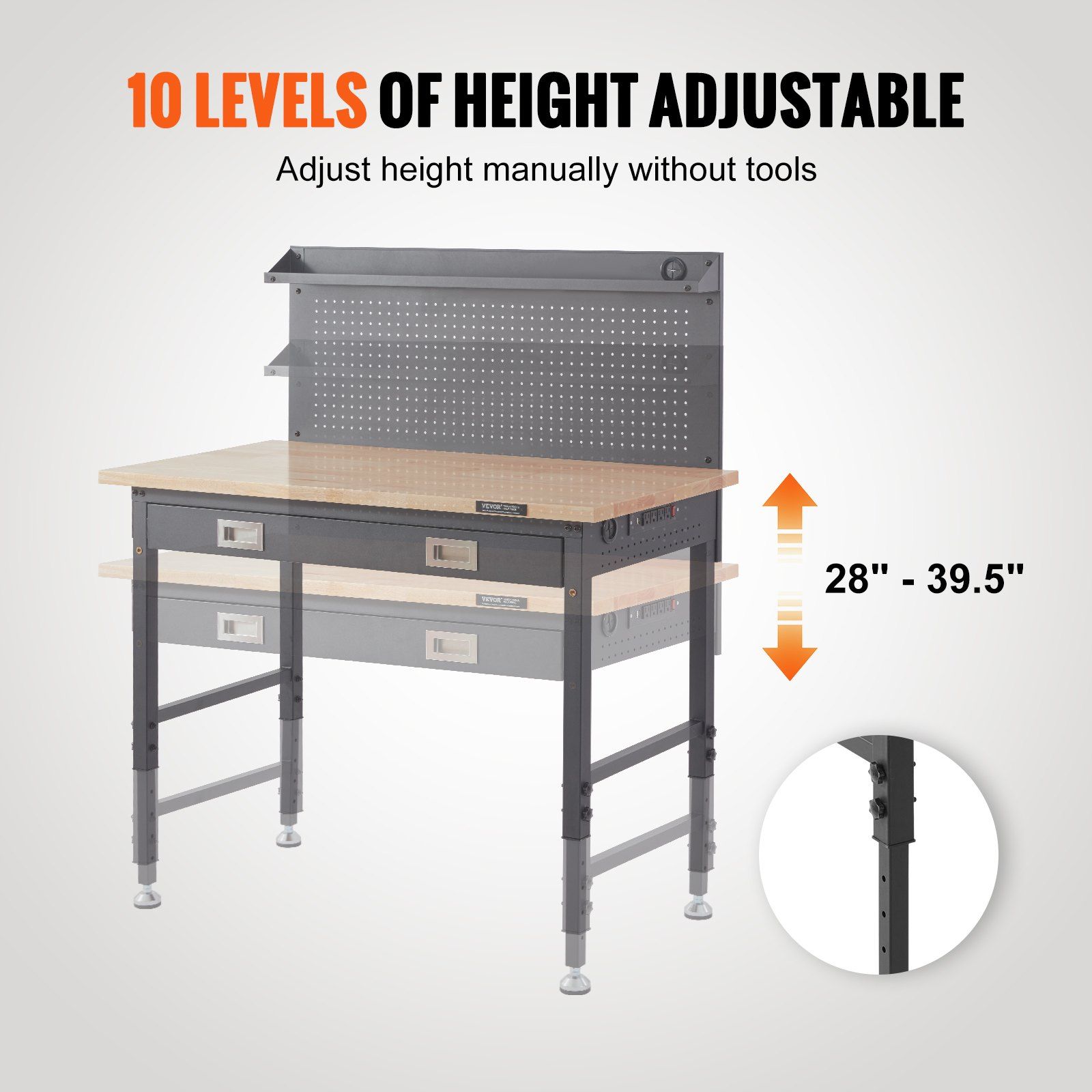 "48x24" Adjustable Workbench – 2000-lb Capacity, Oak & Steel – Includes 30 Hooks & 3m Cable"