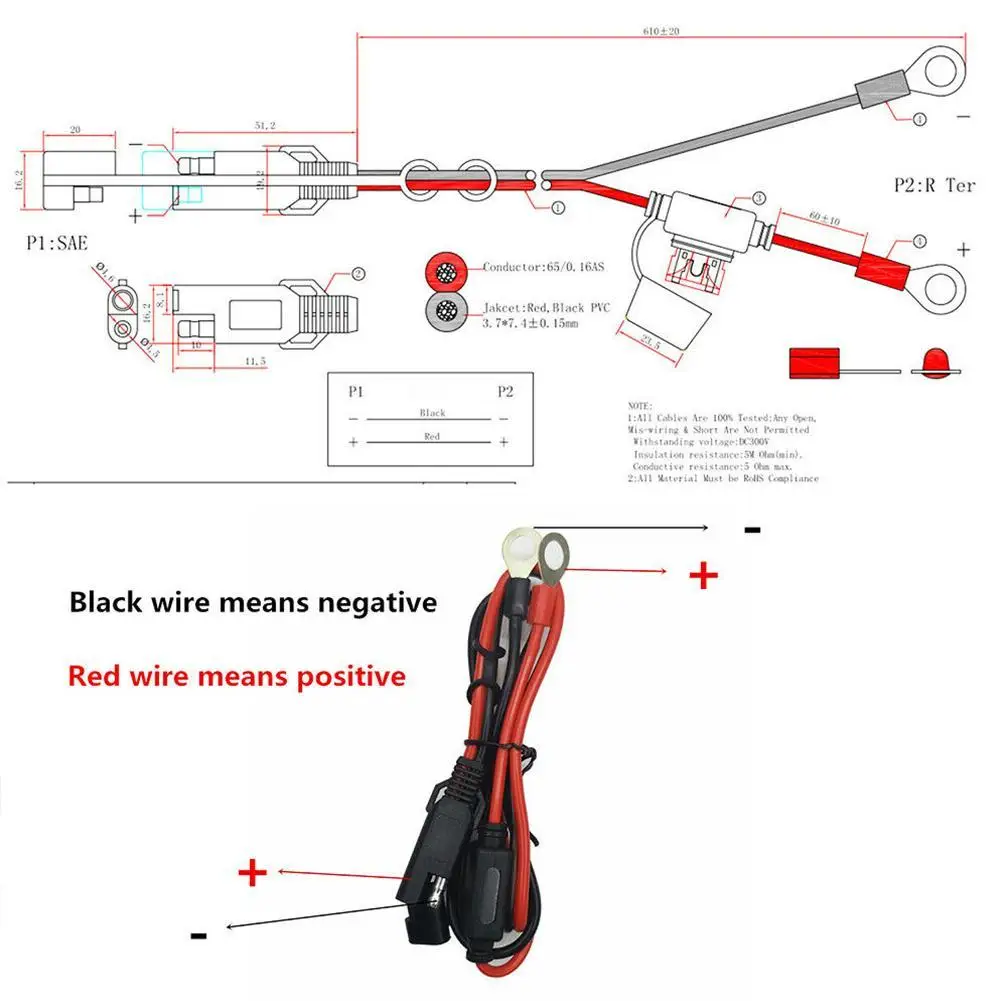Кабель-удлинитель для зарядки аккумуляторов, 16awg, 0,6 м, 12 В