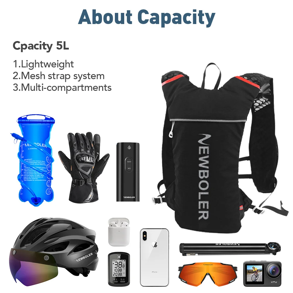 Mochila ultraligera para correr de 5L, chaleco de hidratación para correr y rastro, mochila para correr en bicicleta, bolsa de 500ml, matraz blando de 2L