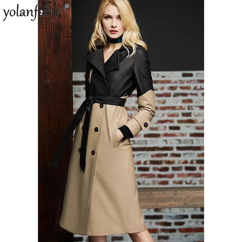 YOLANFAIRY vrouwen Echt Leren Jas Herfst Contrast Kleur Middellange Lederen Jassen Mode Riem Echte Schapenvacht Jas Vrouw