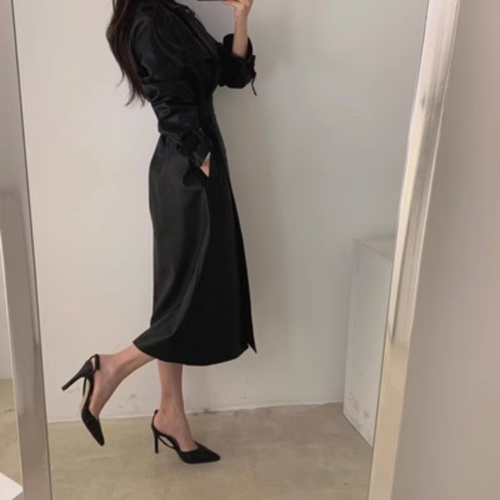 Slish Autumn Winter Vintage Suit Collar Double Row Button Versatile Slimming Medium Length Leather Jacket Women's Coat