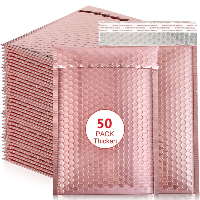 50 ชิ้นการจัดส่งบรรจุภัณฑ์ Rose Gold Holographic ขนาดเล็กธุรกิจอุปกรณ์โลหะ Bubble Mailer กระเป๋า Envelope Mailing สํานักงานโรงเรียน