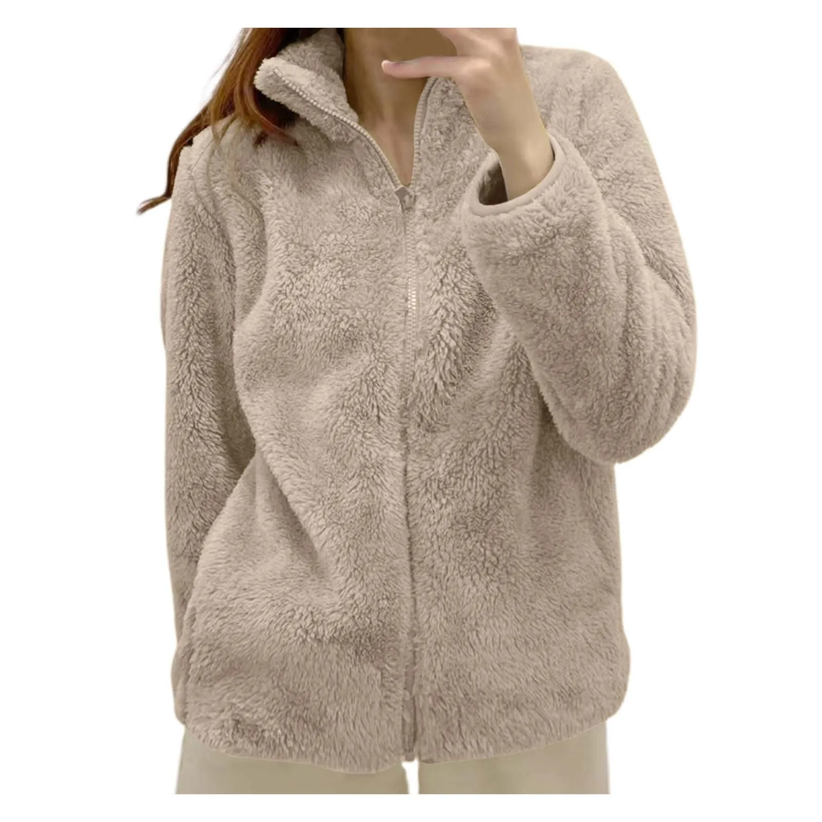 ผู้หญิงฤดูใบไม้ร่วงฤดูหนาว WARM Soft Polar ขนแกะเสื้อแจ็คเก็ตสีทึบแขนยาวซิปสองด้านกํามะหยี่ Outwears Coat