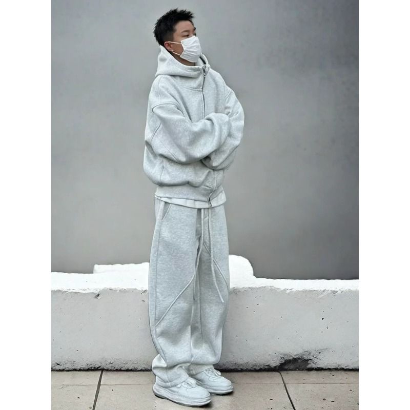 Conjunto de Mole Masculino de Inverno com Forro de Lã, Ajuste Solto, com Capuz e Calça de Perna Reta, Roupa Casual de Duas...