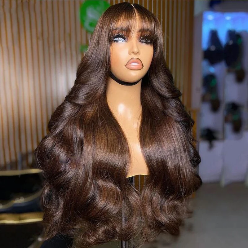 Chocolate marrom 13x6 hd laço frontal peruca de cabelo humano com franja onda do corpo peruca dianteira do laço colorido 4 #   Perucas baratas com estrondo