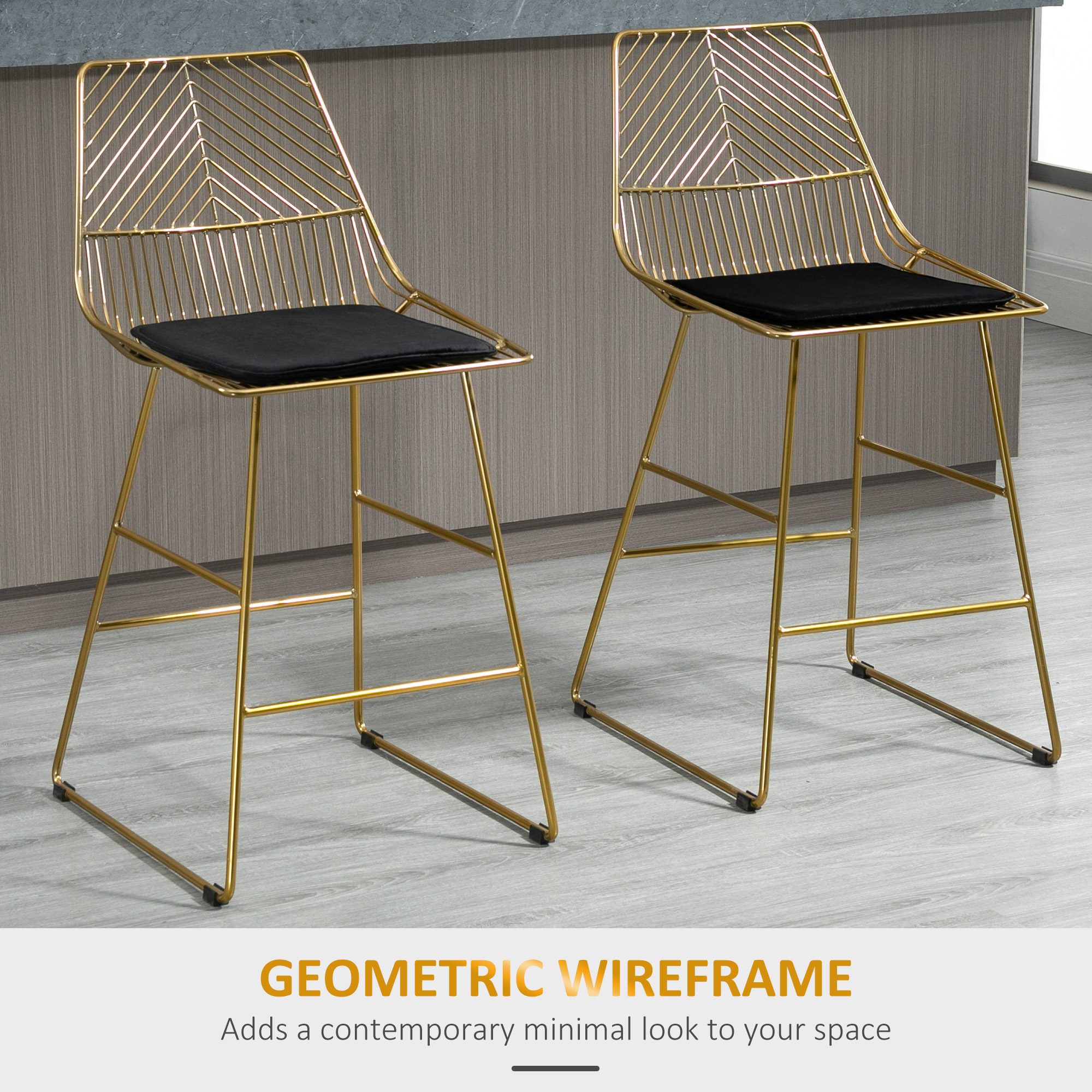 HOMCOM Set van 2 barkrukken, bistrokrukken met voetsteun, kussen, goud, 46x56x95 cm
