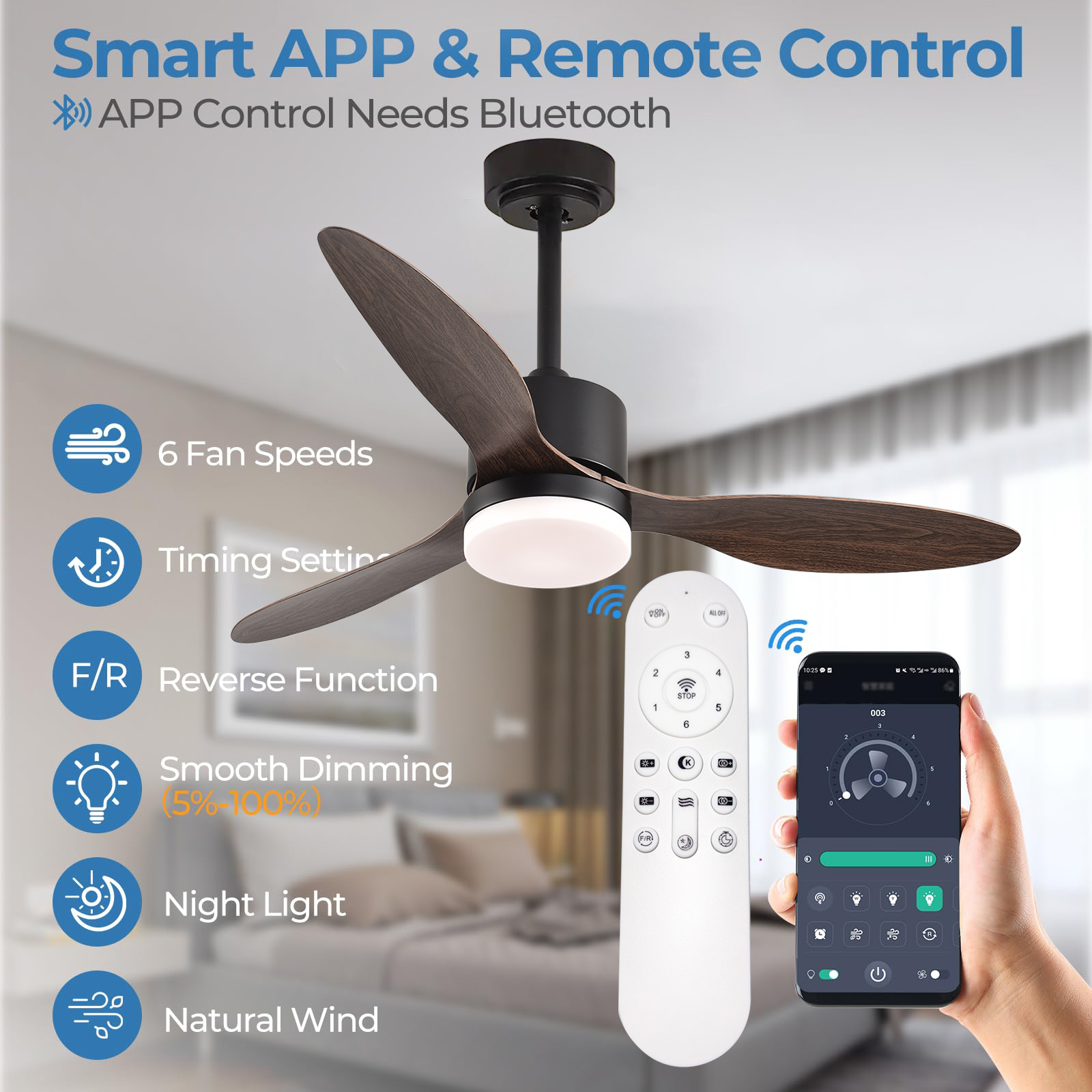 Amerikanische Restaurant-Ventilatorlampe, lange Seite, Fernbedienung, variable Frequenz, Dimmung, nordischer Wohnzimmer-Deckenventilator mit LED-Lampe