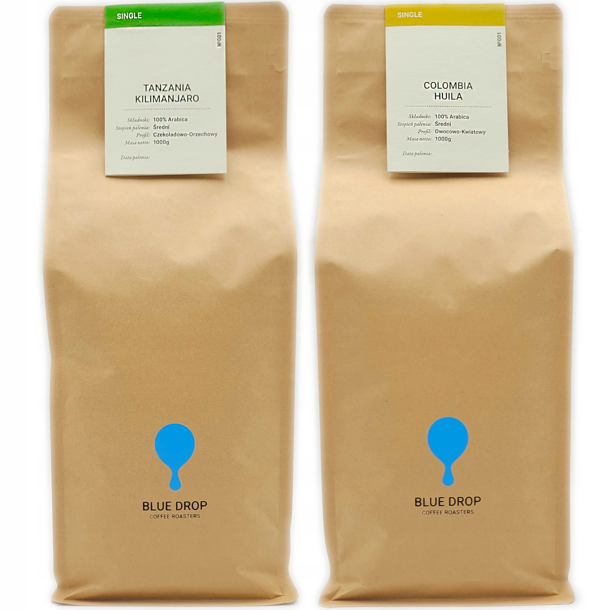 Kawa ziarnista Blue Drop 100% Arabica Kolumbia Huila 1kg Tanzania Kilimanjaro 1kg