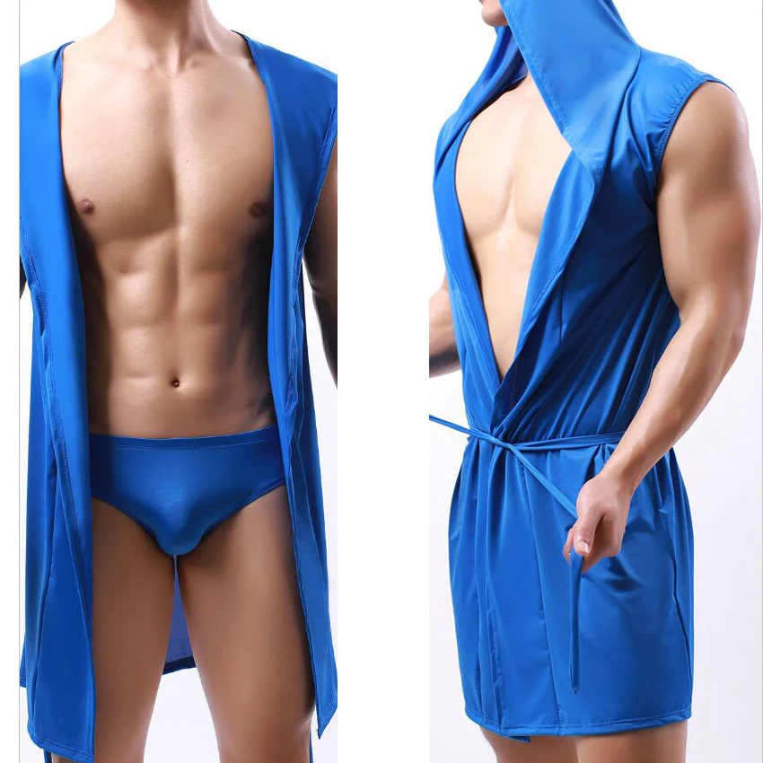 Albornoz con capucha para hombre, malla de seda transparente, toalla sin mangas, bata de baño larga, sudaderas con capucha, camisones, ropa de dormir, Tops informales sueltos para dormir