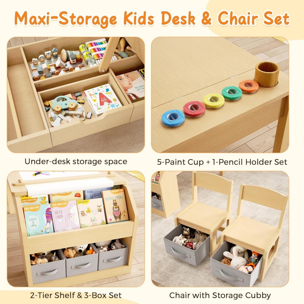 Children's 5-in-1 Art Table and Chair Set, Toddler Craft Desk, Play Table with Convertible Easel and Paper Roll Holder