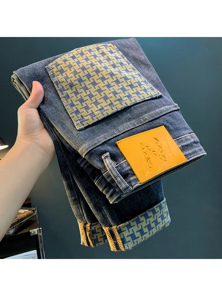Pantalones vaqueros de moda para hombre, Jeans de gama alta, ligeros, de lujo, con estampado, elásticos, informales, rectos, sueltos, de algodón