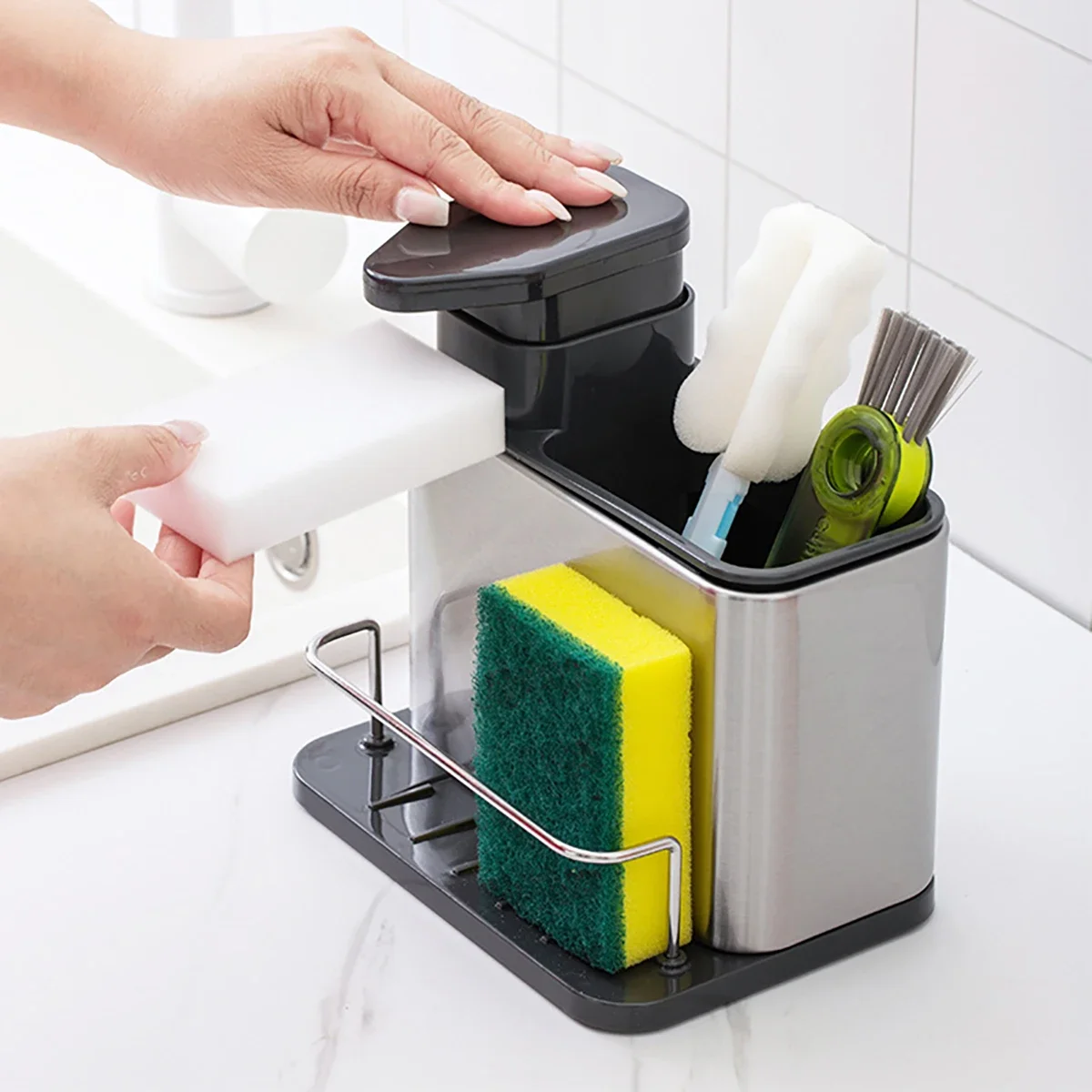 Organizador de limpeza de cozinha em aço inoxidável, dispensador de detergente e suporte de esponja, fácil de limpar, tamanho compacto, cabe na pia 3 em 1