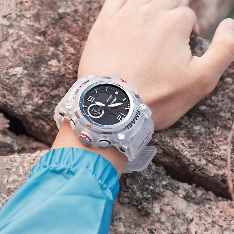 นาฬิกากีฬา smael นาฬิกาข้อมือทหารสำหรับผู้ชายนาฬิกาปลุกจับเวลา LED ดิจิตอลไฟหลังดิจิตอลแสดงเวลาคู่นาฬิกากันน้ำ8007ของผู้ชาย