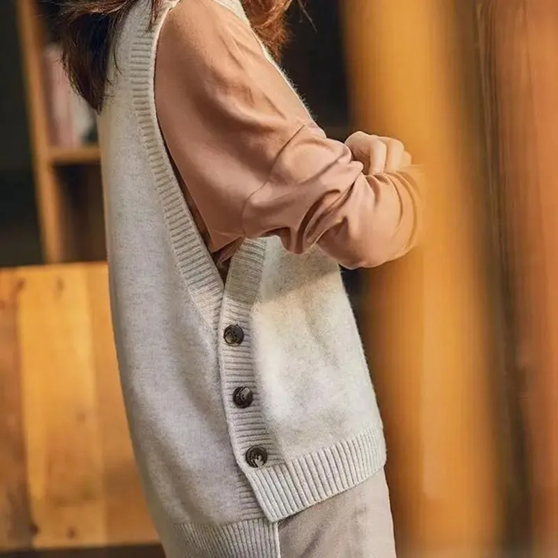 Suéter de punto a la moda para mujer, chaleco estilo universitario con tres botones, color sólido, cuello redondo, informal, combina con todo