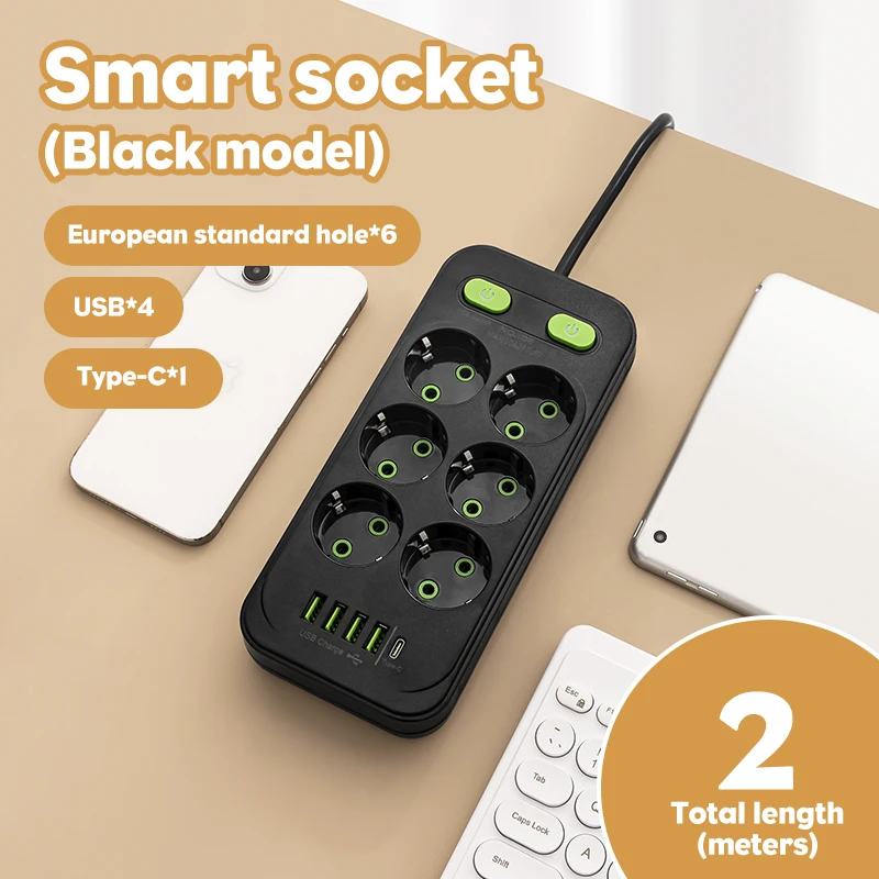 EU ปลั๊ก AC Outlets Multitap ซ็อกเก็ต 2M สายไฟไฟฟ้า Power Strip พร้อม USB Type C Fast CHARGING Network FILTER ADAPTER