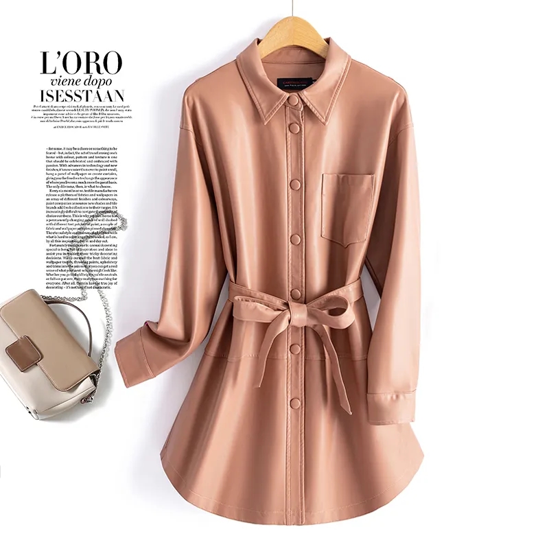 女性用ベルト付きシープスキンミドル丈コート,本物のスプリットシープレザー,シングルブレスト,カジュアルアウター,新しい秋のコレクション2022