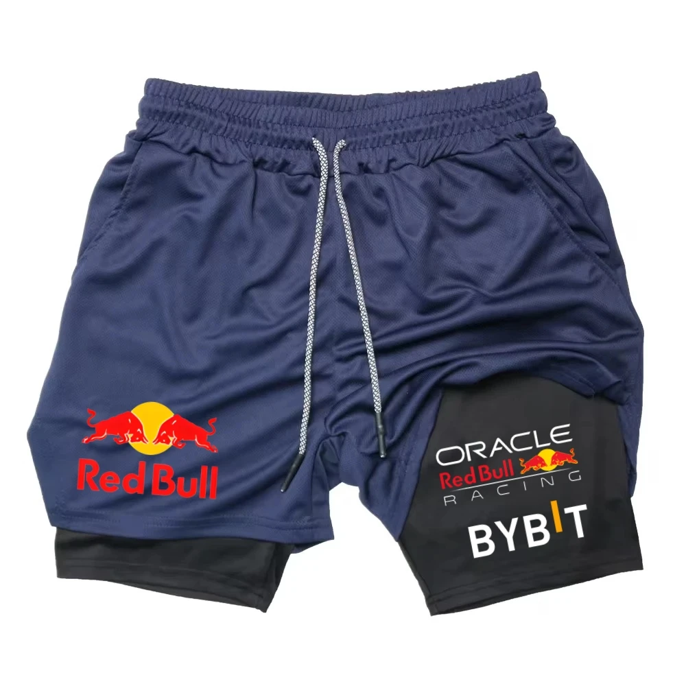 New Men's 2-in-1 Red Bull Sports Shorts Breathable Casual Quick Drying Double-layer Summer Running M-5XL