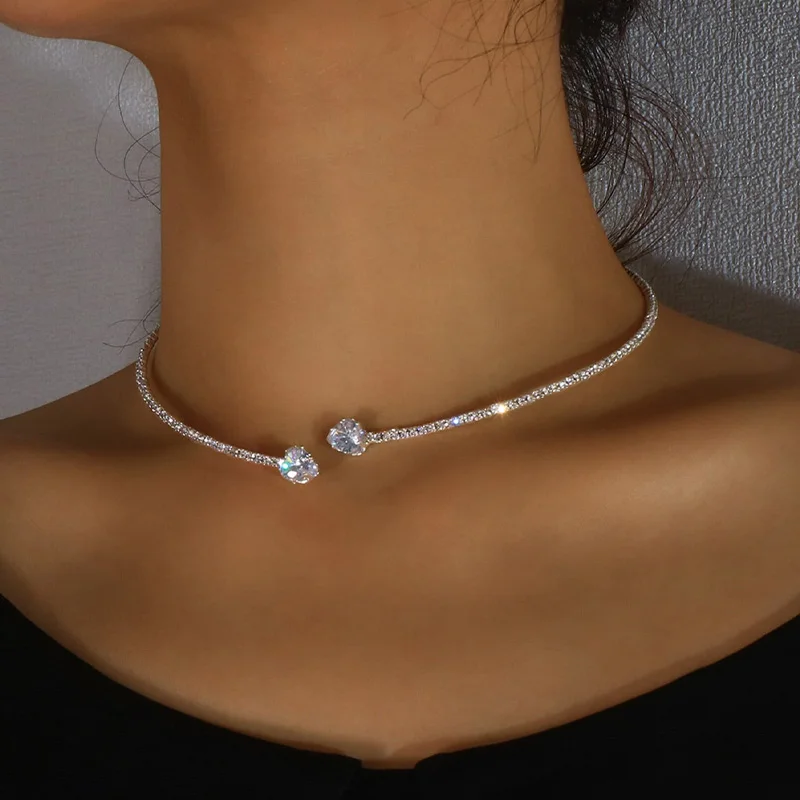 Gargantilla con cuello de corazón de diamantes de imitación para mujer, Collar abierto Simple, accesorios de joyería